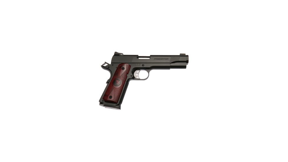 Nighthawk Custom Predator Pistol, .45 ACP, 5in barrel, black finish steel frame, checkered cocobolo grip, recoil operated semi-automatic, Heinie Tritium Slant Pro, 8 round magazine, NCF-PREDATOR-45-5-1-FRRMPG