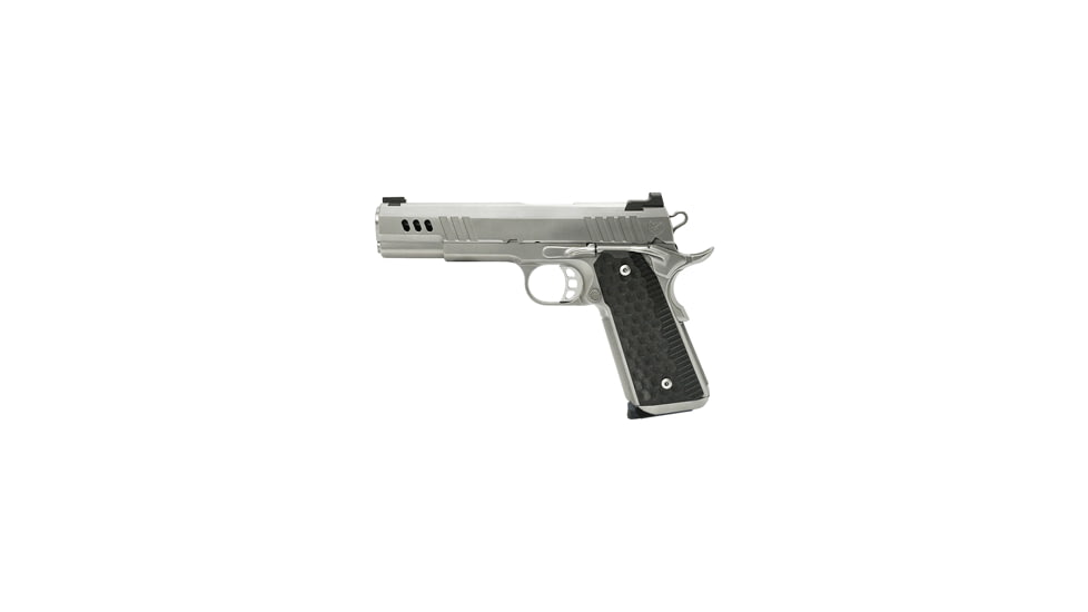 Nighthawk Custom President Pistol, .45 ACP, 5in barrel, stainless steel frame, custom black G10 grip, recoil operated semi-automatic, gold bead front, Heinie rear, 8 round magazine, NCF-PRS-45-5-1-FRRMPG