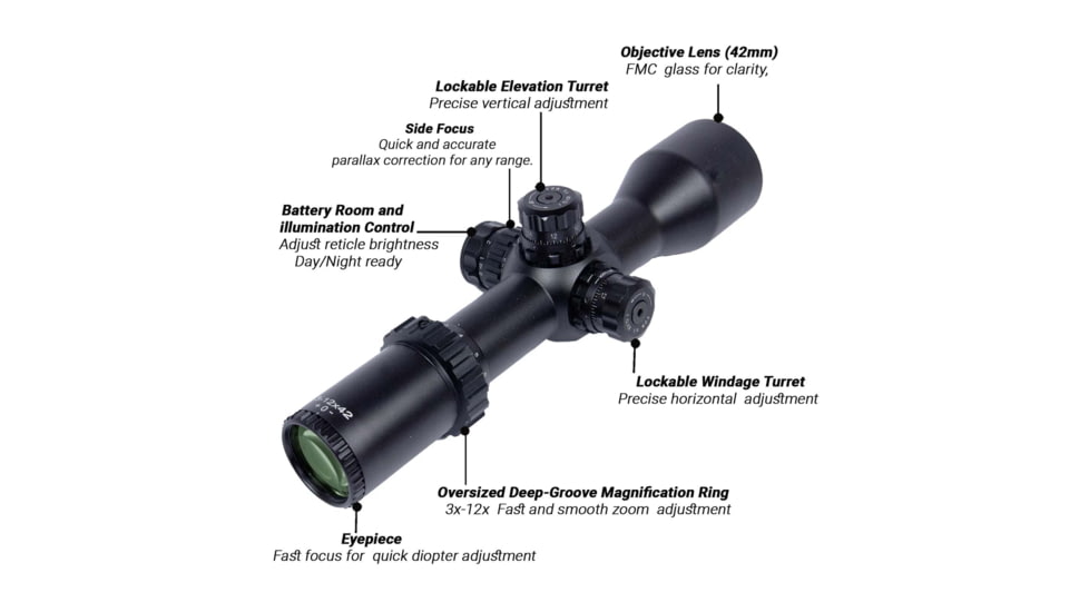 NightStar 3-12x42mm 30mm Tube Riflescope, First Focal Plane, Illuminated Mil-Dot, Black, NS11214