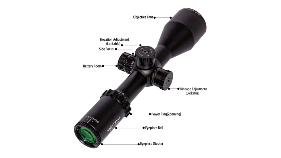 NightStar SFIRF 2.5-15x50mm Rifle Scope, 30mm Tube, First Focal Plane, Black, Illuminated Mil-Dot Reticle, MOA, NS112015