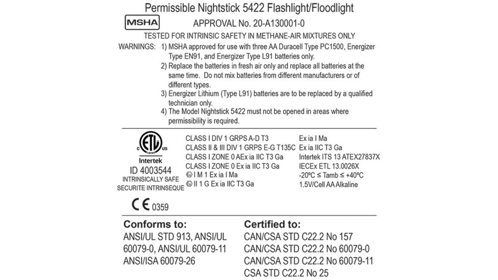 Nightstick Intrinsically Safe Permissible Dual-Light 3AA Flashlight,120 Lumens,Black XPP-5422B