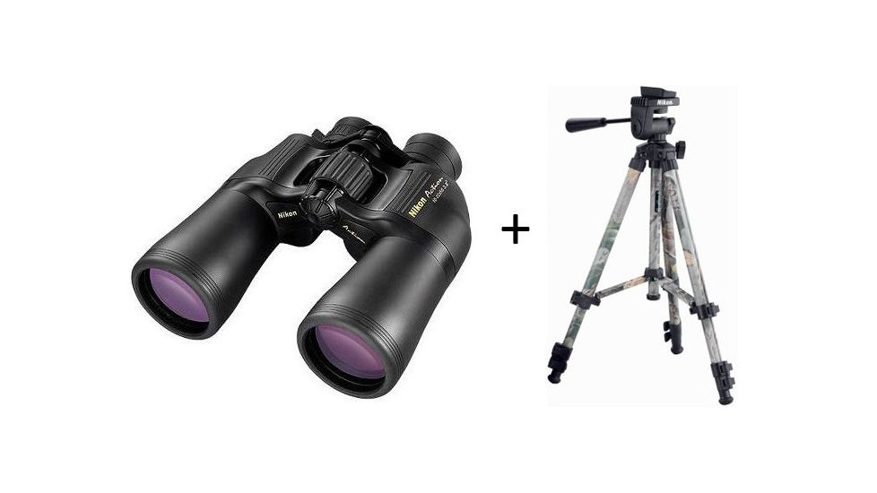 Nikon 10-22x50 Action Zoom XL Porro Prism Binoculars, Matte Black 7234 w/ Nikon Compact Universal Tripod, Camo w/ 1/4x20 Threaded Socket 851