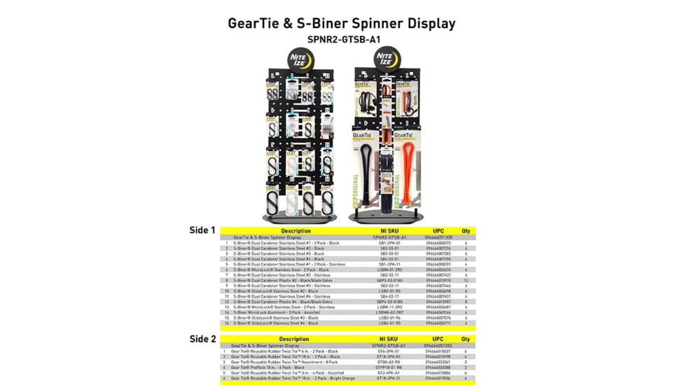 Nite Ize Gear Tie And S Biner Spinner Display Double Sided Assortment, SPNR2-GTSB-A1