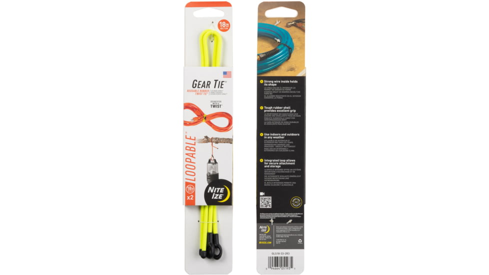 Nite Ize Loopable Twist Gear Tie, 18 in, 2 Pack, Neon Yellow, 18, GLS18-33-2R3