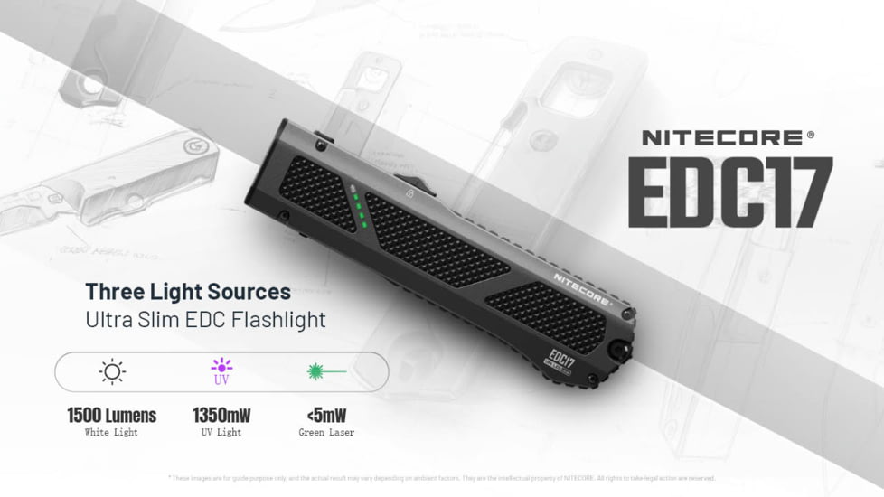Nitecore EDC17 Rechargeable EDC Flat Lithium Ion 1500 Lumens Flashlight w/White LED, UV and Green Laser