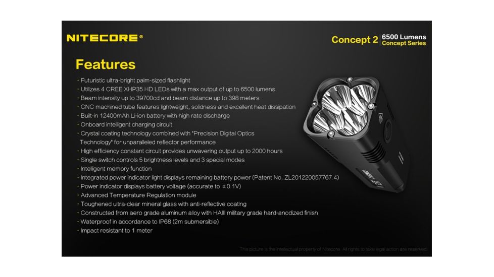 Nitecore Concept-2 4 x Built-In Battery Packs 4 x CREE XHP35 HD LED Rechargeable Ultra-Bright Flashlight, 6500 Lumens, Black, CONCEPT-2