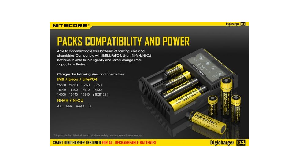 Nitecore Digicharger Universal Battery Charger, 4-Slot, Black, 6952506490929