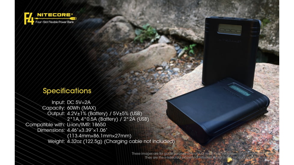 Nitecore F4 Four-Slot Flexible Power Bank and Battery Charger for Lithium-ion 18650, Black, 6952506492954