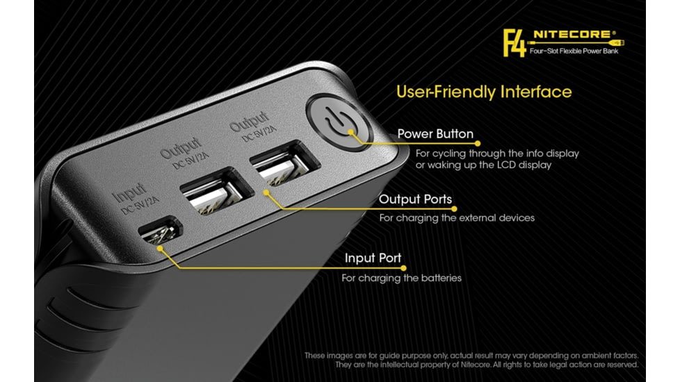 Nitecore F4 Four-Slot Flexible Power Bank and Battery Charger for Lithium-ion 18650, Black, 6952506492954
