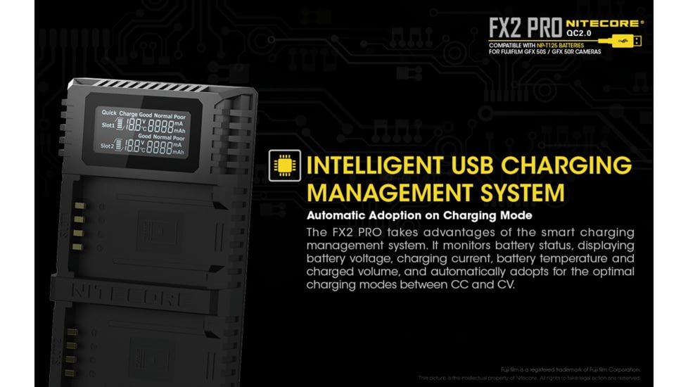 Nitecore FX2 PRO Dual Slot USB Digital Charger for Fujifilm NP-T125 Camera Batteries, Black, 6952506492893