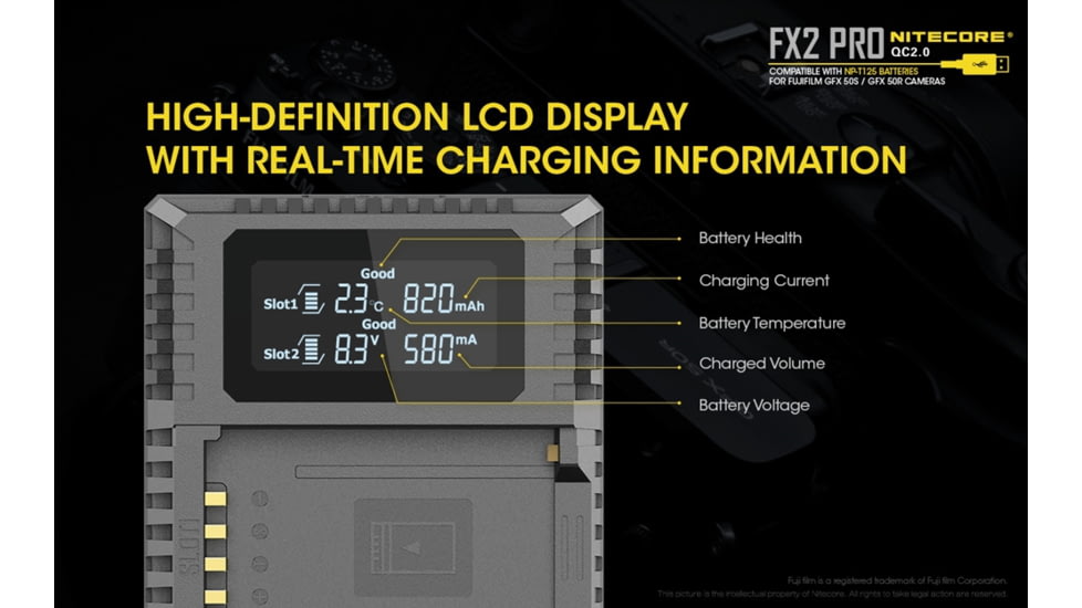Nitecore FX2 PRO Dual Slot USB Digital Charger for Fujifilm NP-T125 Camera Batteries, Black, 6952506492893