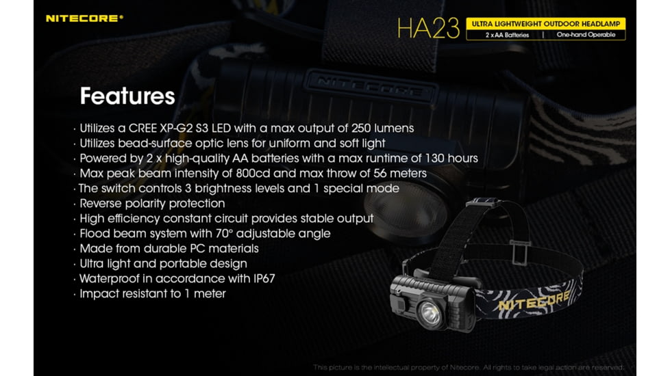 Nitecore HA23 250 Lumen Ultra Lightweight Headlamp, Use 2xAA, Black, 6952506405091