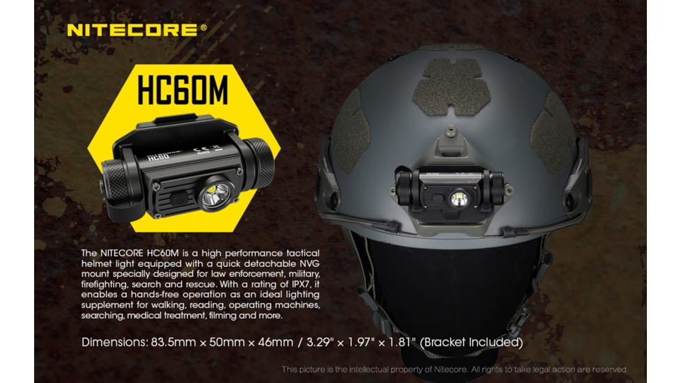 Nitecore HC60M 1000 Lumen NVG Mountable Rechargeable Tactical Headlamp, Black, 6952506405749