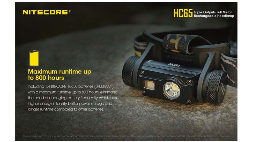 Nitecore HC65 1 x 18650/ 2 x CR123A/ 16340 CREE XM-L2 U2 LED Rechargeable Headlamp, 1000 Lumens, Black, HC65