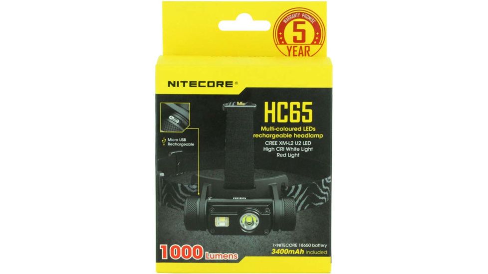 Nitecore HC65 1 x 18650/ 2 x CR123A/ 16340 CREE XM-L2 U2 LED Rechargeable Headlamp, 1000 Lumens, Black, HC65