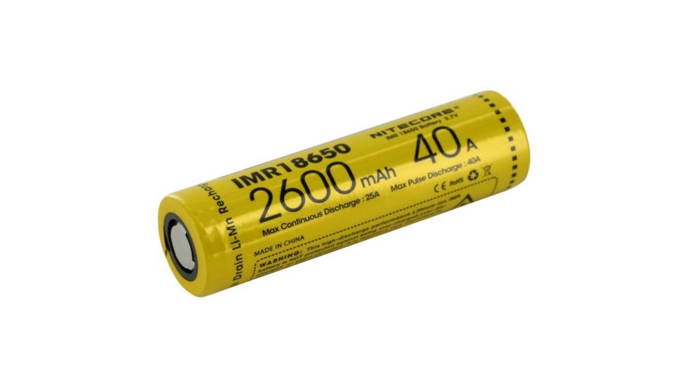 Nitecore IMR 18650 2600mAh 3.7V Unprotected 40A Li-Mn Rechargeable Flat Top Battery, Black, IMR18650-2600-40