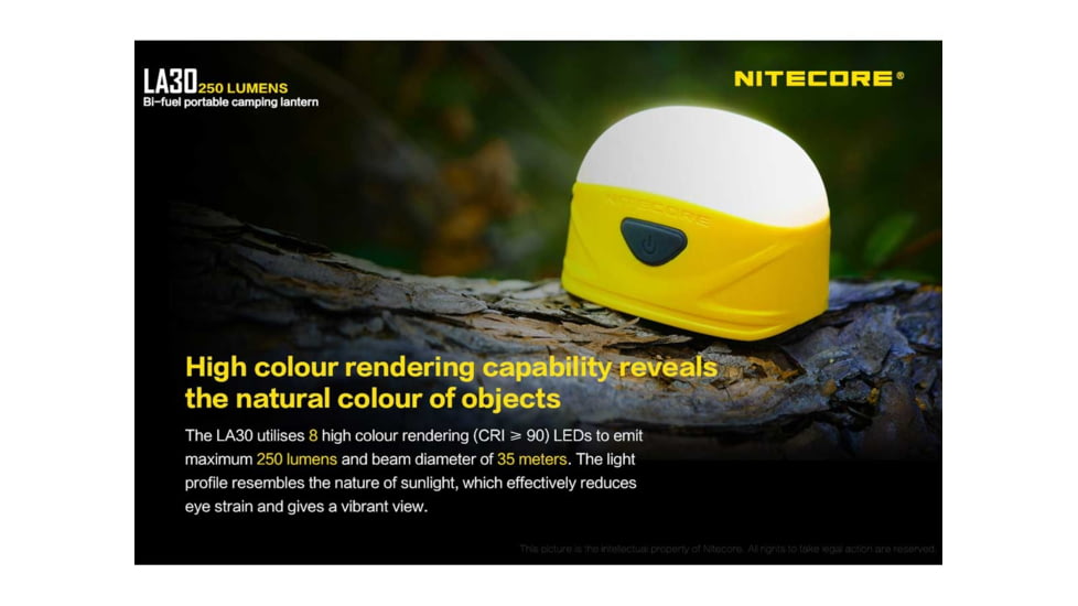 Nitecore LA30 Bi-Fuel 1 x Built-In Li-ion Battery Pack / 2 x AA High CRI LED Camping Lantern, 250 Lumens, Yellow, LA30-YELLOW