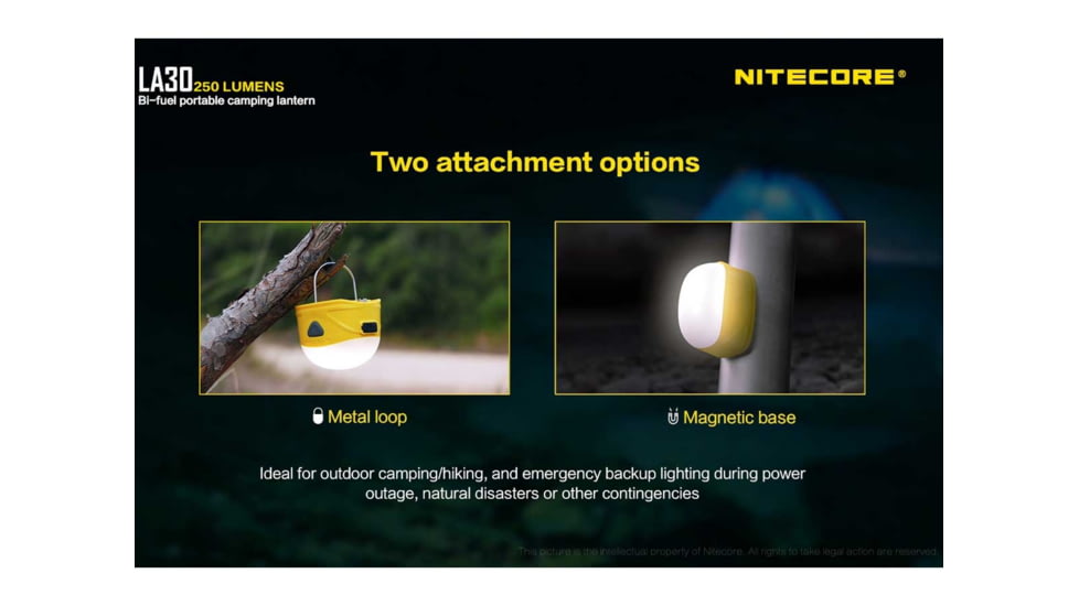 Nitecore LA30 Bi-Fuel 1 x Built-In Li-ion Battery Pack / 2 x AA High CRI LED Camping Lantern, 250 Lumens, Yellow, LA30-YELLOW