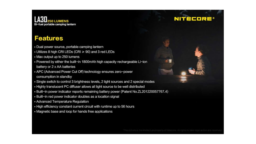 Nitecore LA30 Bi-Fuel 1 x Built-In Li-ion Battery Pack / 2 x AA High CRI LED Camping Lantern, 250 Lumens, Yellow, LA30-YELLOW