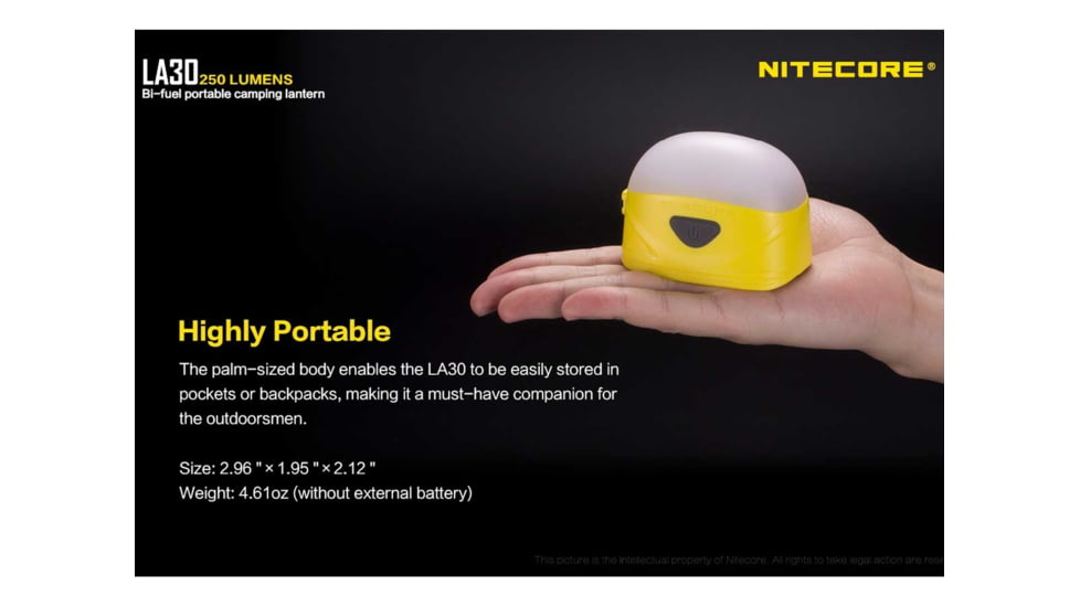 Nitecore LA30 Bi-Fuel 1 x Built-In Li-ion Battery Pack / 2 x AA High CRI LED Camping Lantern, 250 Lumens, Yellow, LA30-YELLOW
