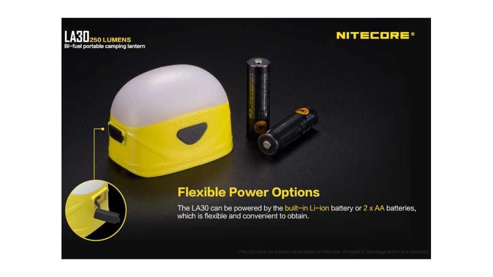 Nitecore LA30 Bi-Fuel 1 x Built-In Li-ion Battery Pack / 2 x AA High CRI LED Camping Lantern, 250 Lumens, Yellow, LA30-YELLOW