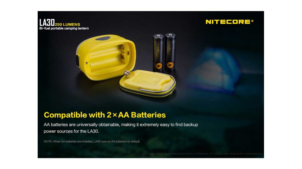 Nitecore LA30 Bi-Fuel 1 x Built-In Li-ion Battery Pack / 2 x AA High CRI LED Camping Lantern, 250 Lumens, Yellow, LA30-YELLOW