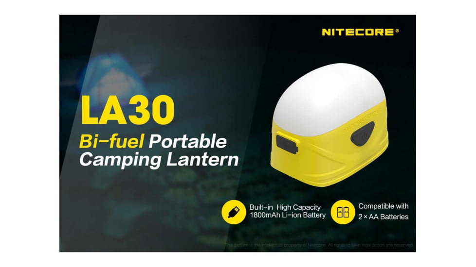 Nitecore LA30 Bi-Fuel 1 x Built-In Li-ion Battery Pack / 2 x AA High CRI LED Camping Lantern, 250 Lumens, Yellow, LA30-YELLOW