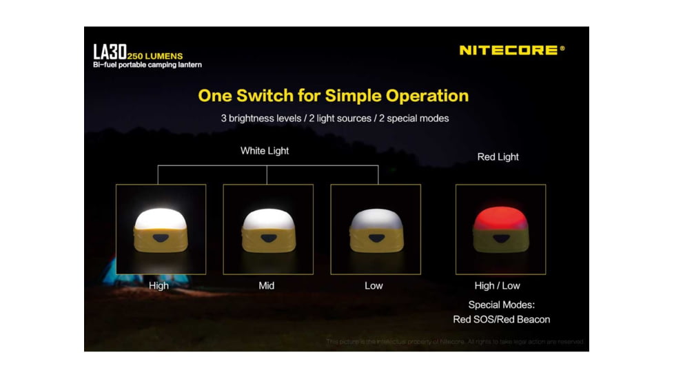 Nitecore LA30 Bi-Fuel 1 x Built-In Li-ion Battery Pack / 2 x AA High CRI LED Camping Lantern, 250 Lumens, Yellow, LA30-YELLOW