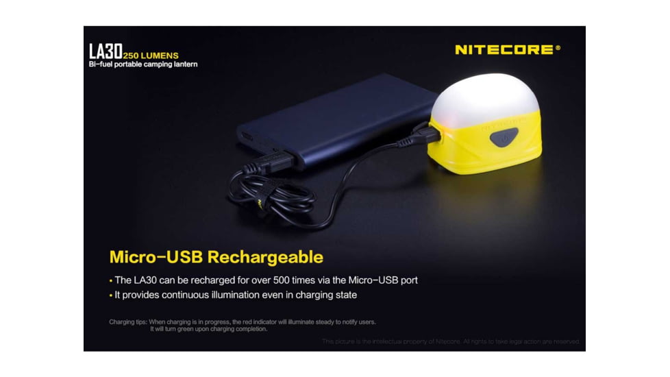 Nitecore LA30 Bi-Fuel 1 x Built-In Li-ion Battery Pack / 2 x AA High CRI LED Camping Lantern, 250 Lumens, Yellow, LA30-YELLOW