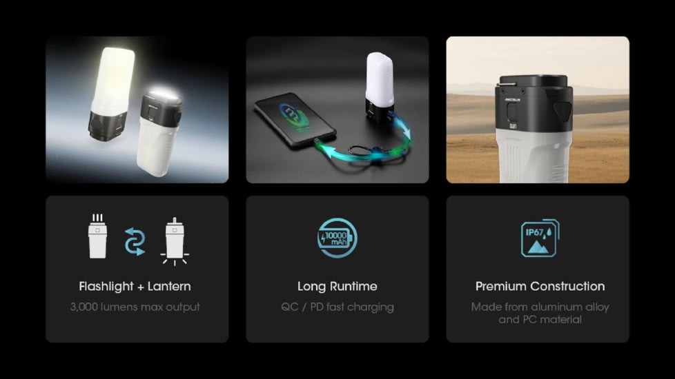 Nitecore LR70 3-in-1 Rechargeable Lantern, 3000 Lumens, Black, FL-NITE-LR70