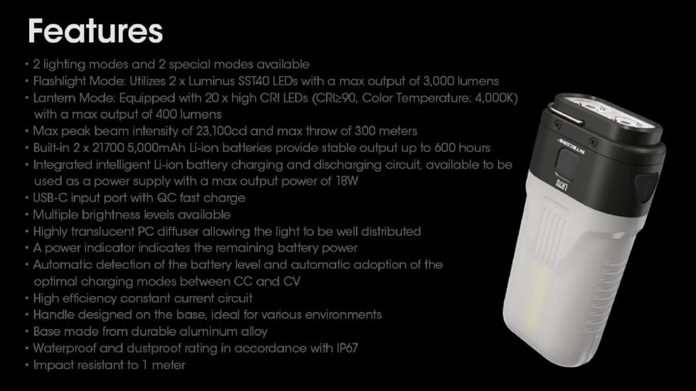 Nitecore LR70 3-in-1 Rechargeable Lantern, 3000 Lumens, Black, FL-NITE-LR70