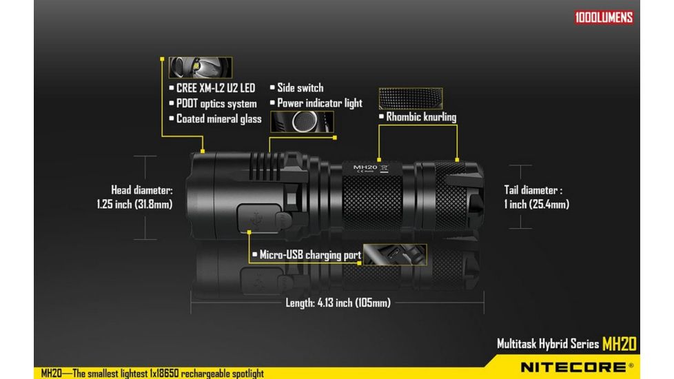 Nitecore MH20 Rechargeable CREE XM-L2 U2 LED Flashlight,1000 Lumens, Black NITECORE-MH20
