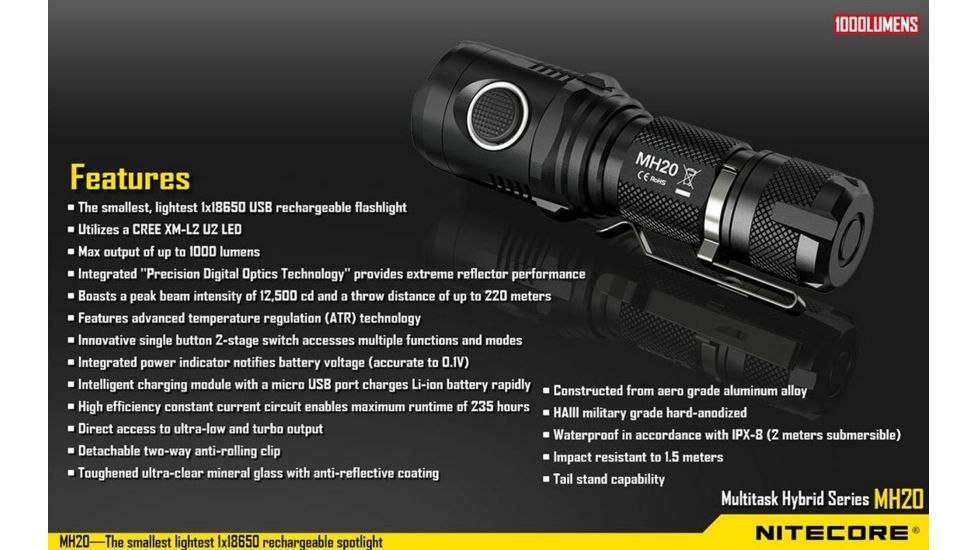 Nitecore MH20 Rechargeable CREE XM-L2 U2 LED Flashlight,1000 Lumens, Black NITECORE-MH20