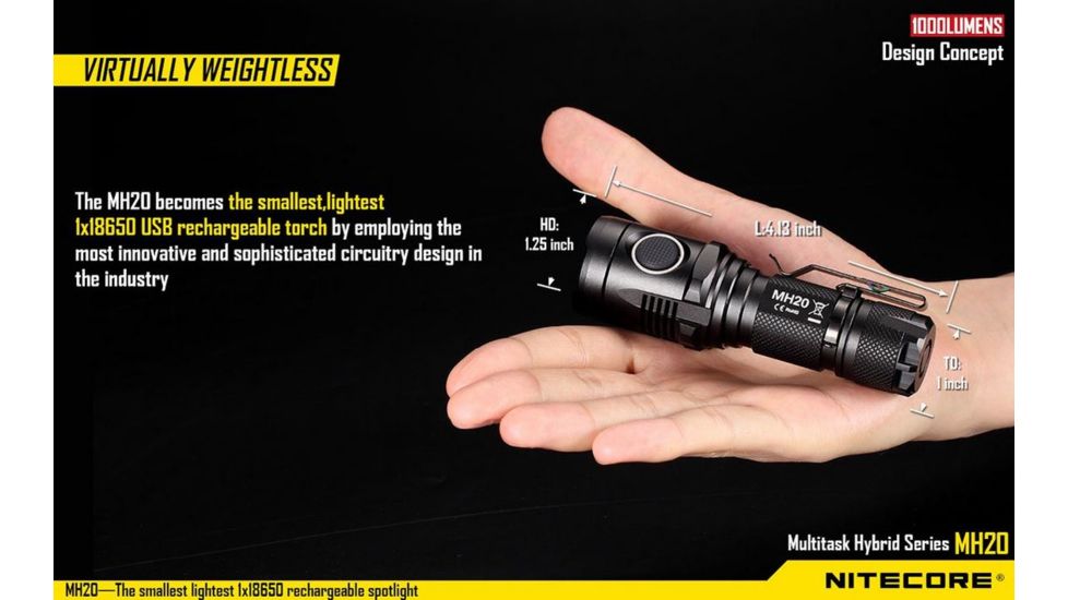 Nitecore MH20 Rechargeable CREE XM-L2 U2 LED Flashlight,1000 Lumens, Black NITECORE-MH20