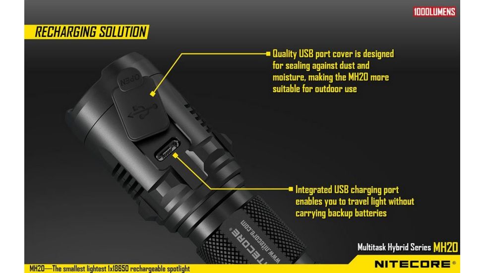 Nitecore MH20 Rechargeable CREE XM-L2 U2 LED Flashlight,1000 Lumens, Black NITECORE-MH20