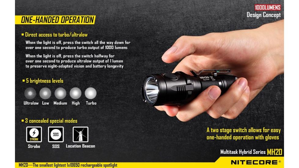 Nitecore MH20 Rechargeable CREE XM-L2 U2 LED Flashlight,1000 Lumens, Black NITECORE-MH20