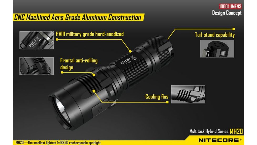 Nitecore MH20 Rechargeable CREE XM-L2 U2 LED Flashlight,1000 Lumens, Black NITECORE-MH20