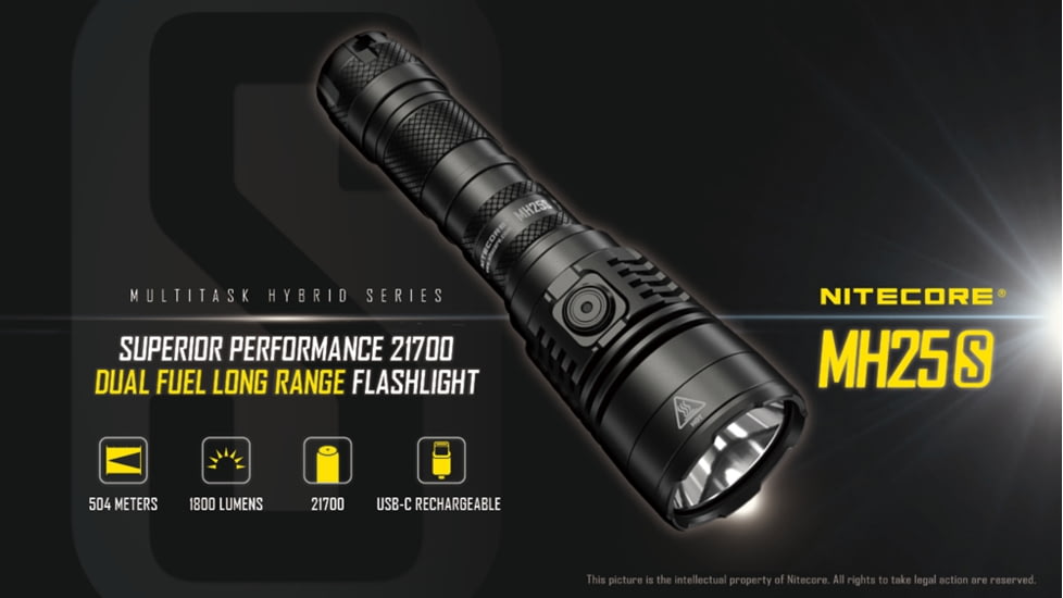 Nitecore MH25S 1800 Lumen USB-C Rechargeable Flashlight, Black, 6952506406548