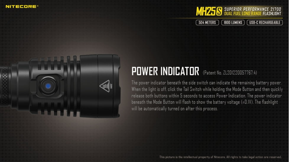 Nitecore MH25S 1800 Lumen USB-C Rechargeable Flashlight, Black, 6952506406548