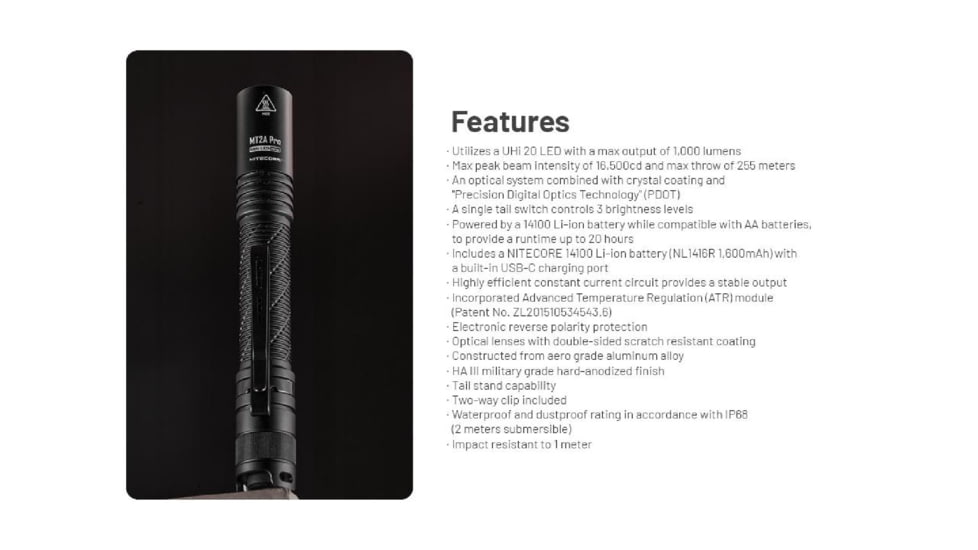 Nitecore MT2A Pro LED EDC Rechargeable Flashlight, AA, 1000 Lumen, Black, FL-NITE-MT2APRO