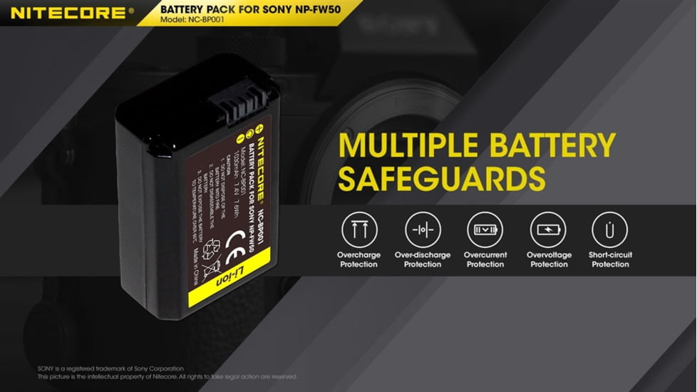 Nitecore NC-BP001 Camera Battery Compatible with Sony NP-FW50, Black, 6952506494583
