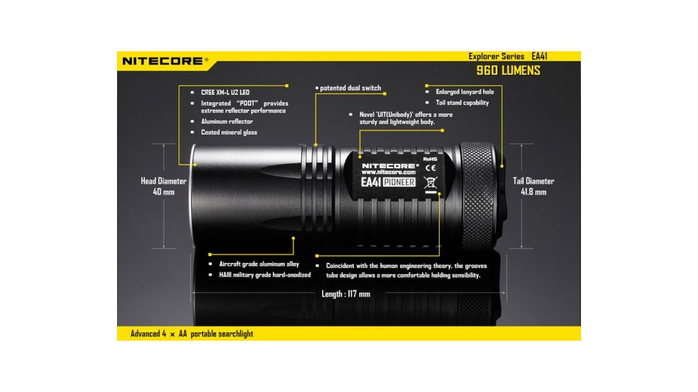 Nitecore EA41 XML2 960 Lumen 4AA Waterproof LED Flashlight,Black NITECORE-EA41-XML2