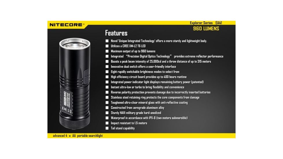 Nitecore EA41 XML2 960 Lumen 4AA Waterproof LED Flashlight,Black NITECORE-EA41-XML2