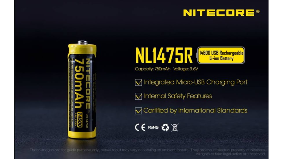 Nitecore NL1475R 750mAh USB Rechargeable 14500 Battery, Yellow, 6952506492404