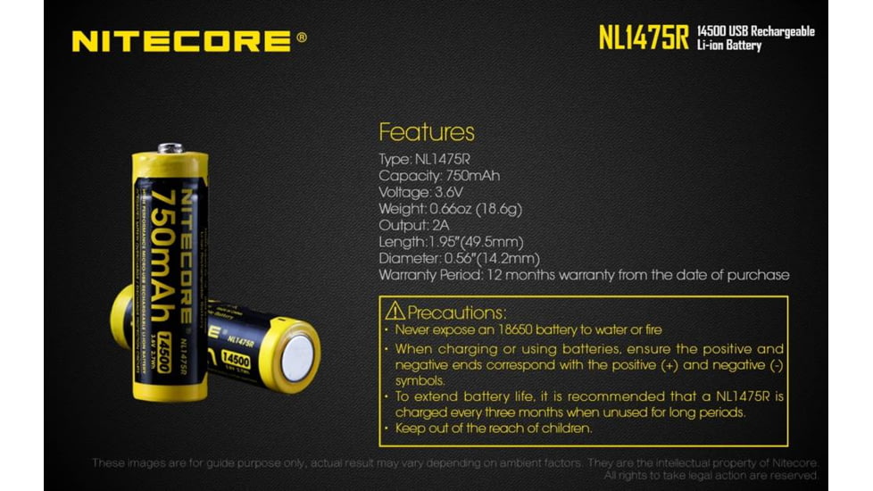 Nitecore NL1475R 750mAh USB Rechargeable 14500 Battery, Yellow, 6952506492404