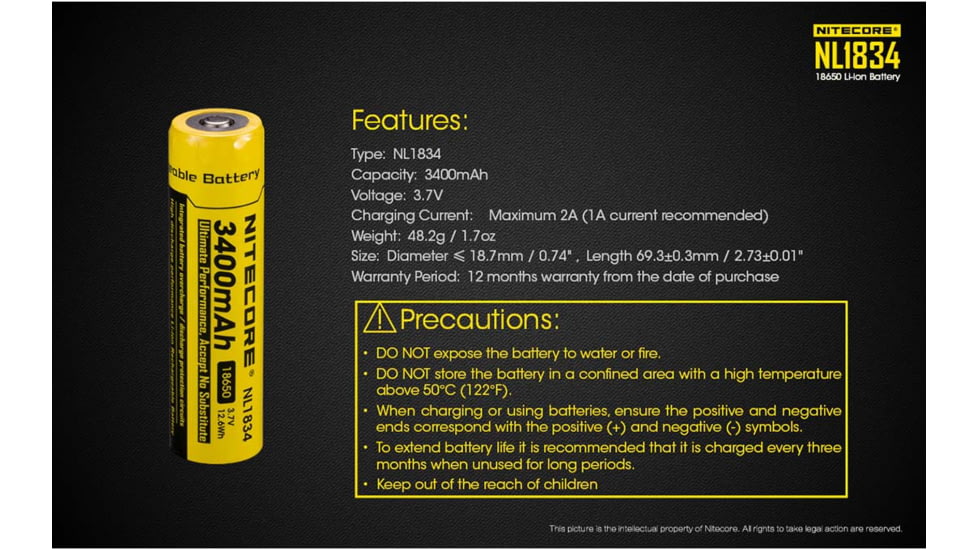 Nitecore NL1834 3400mAh Rechargeable 18650 Battery, Yellow, 6952506491506
