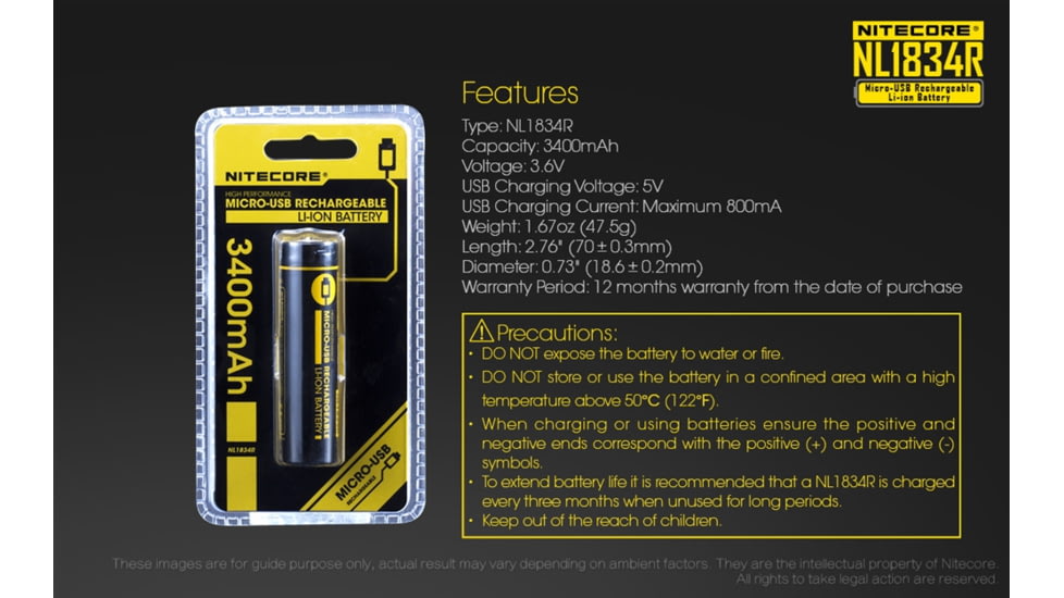Nitecore NL1834R 3400mAh USB Rechargeable 18650 Battery, Yellow, 6952506492305