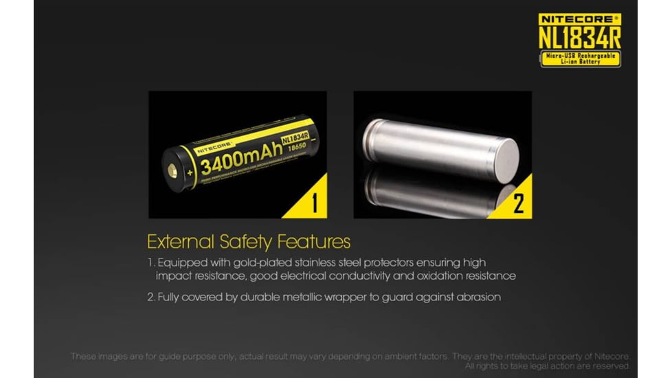 Nitecore NL1834R 3400mAh USB Rechargeable 18650 Battery, Yellow, 6952506492305