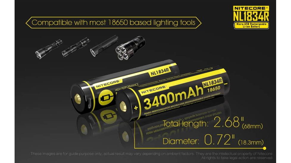 Nitecore NL1834R 3400mAh USB Rechargeable 18650 Battery, Yellow, 6952506492305