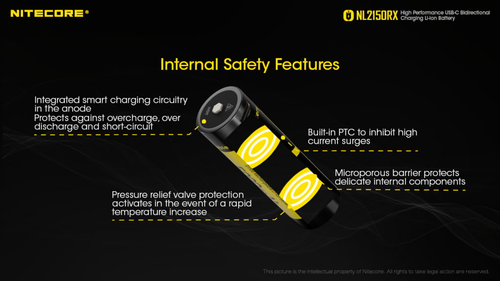 Nitecore NL2150RX 5000mAh USB-C Rechargeable 21700 Battery, Black/Yellow, 6952506495535